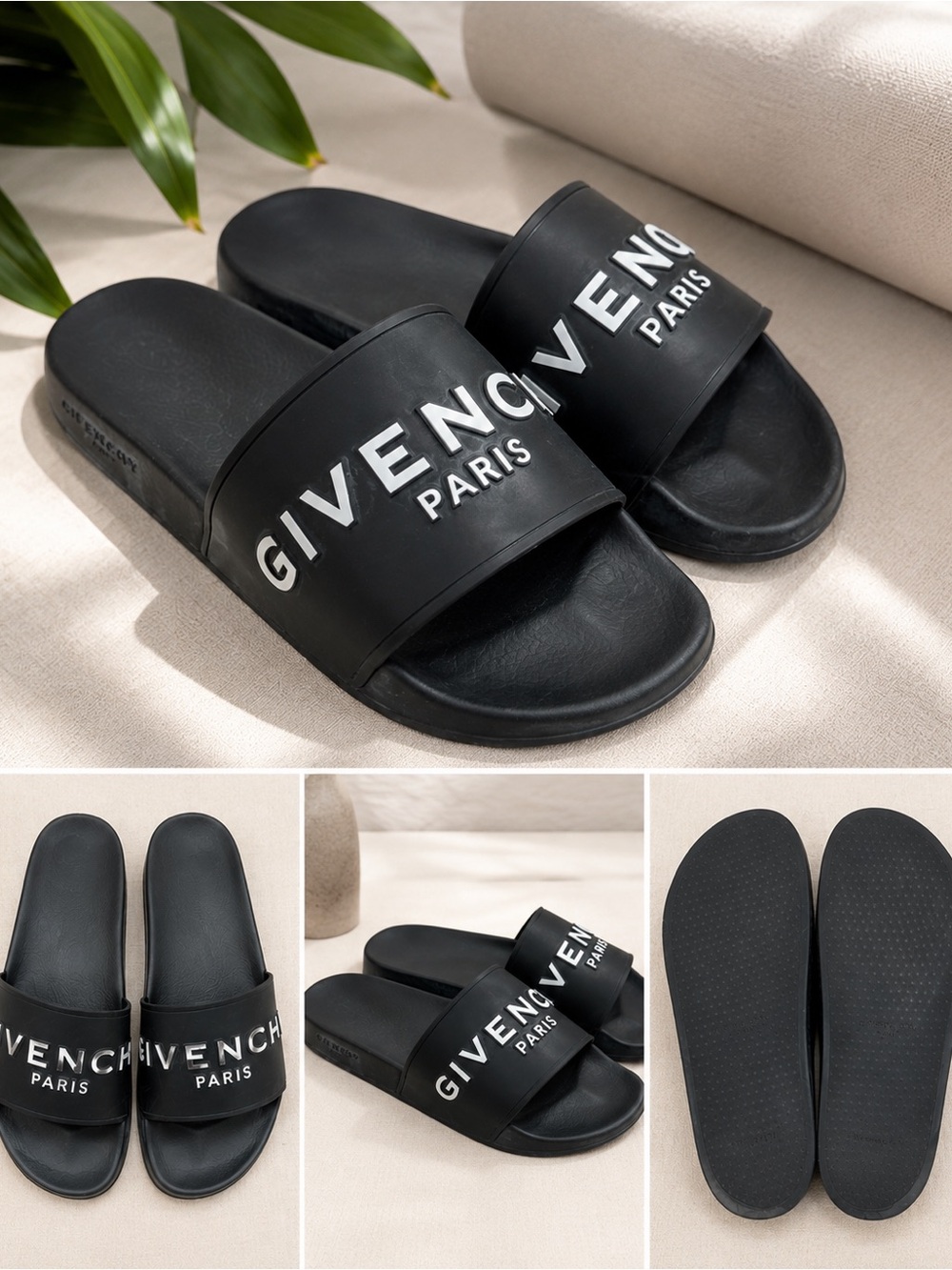 Authentic Givenchy Black Logo Slide Sandals with White Branding